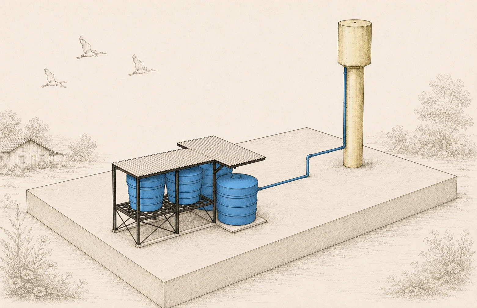 Illustration of three water tanks connected to an elevated reservoir that supplies homes.
